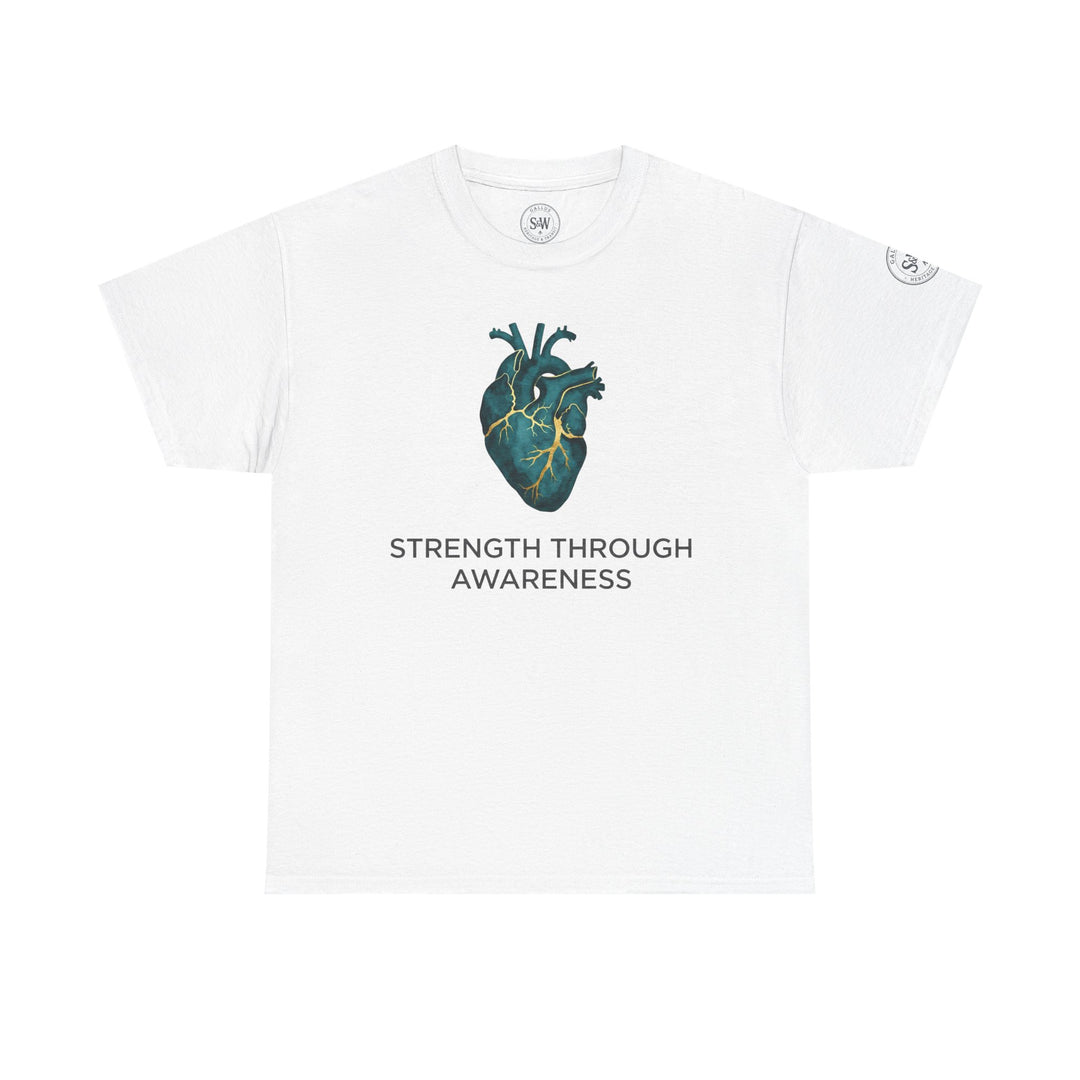 White t-shirt with an anatomical heart graphic by Veteran owned, featuring the phrase "Strength Through Awareness".