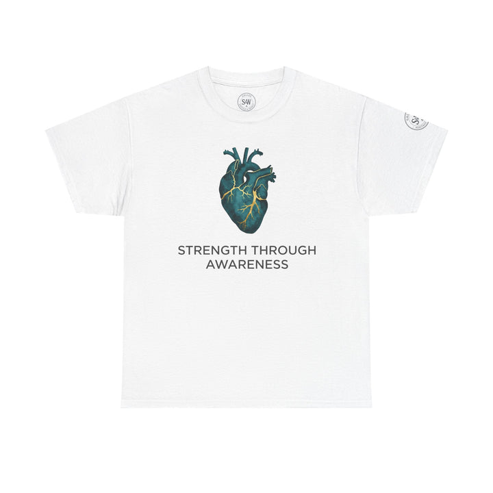 White t-shirt with an anatomical heart graphic by Veteran owned, featuring the phrase "Strength Through Awareness".