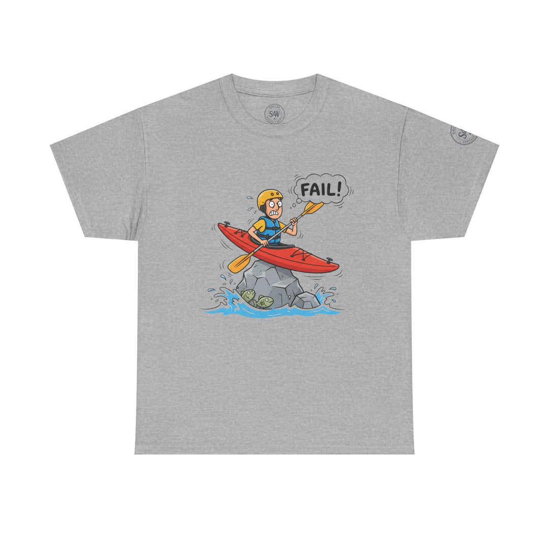 Gray T-shirt by S&amp;W Gallus featuring a cartoon kayaker stuck on a rock with a "Fail!" thought bubble.