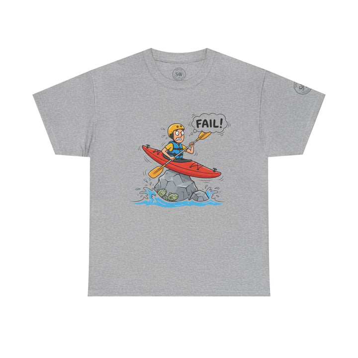 Gray T-shirt by S&amp;W Gallus featuring a cartoon kayaker stuck on a rock with a "Fail!" thought bubble.