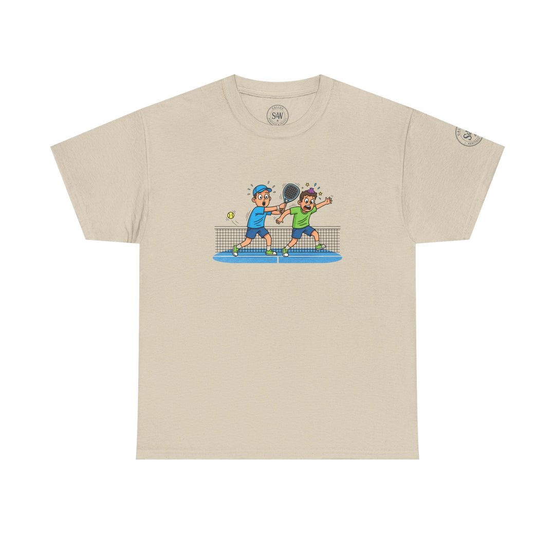 Beige graphic tee by S&amp;W Gallus with a cartoon padel tennis scene and logos on the collar and sleeve.