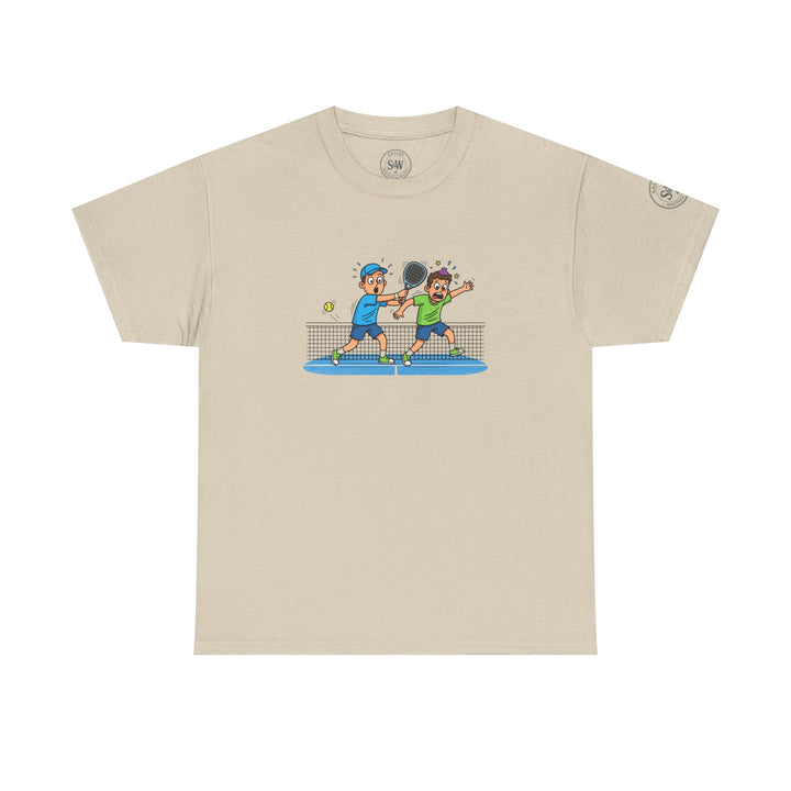 Beige graphic tee by S&amp;W Gallus with a cartoon padel tennis scene and logos on the collar and sleeve.