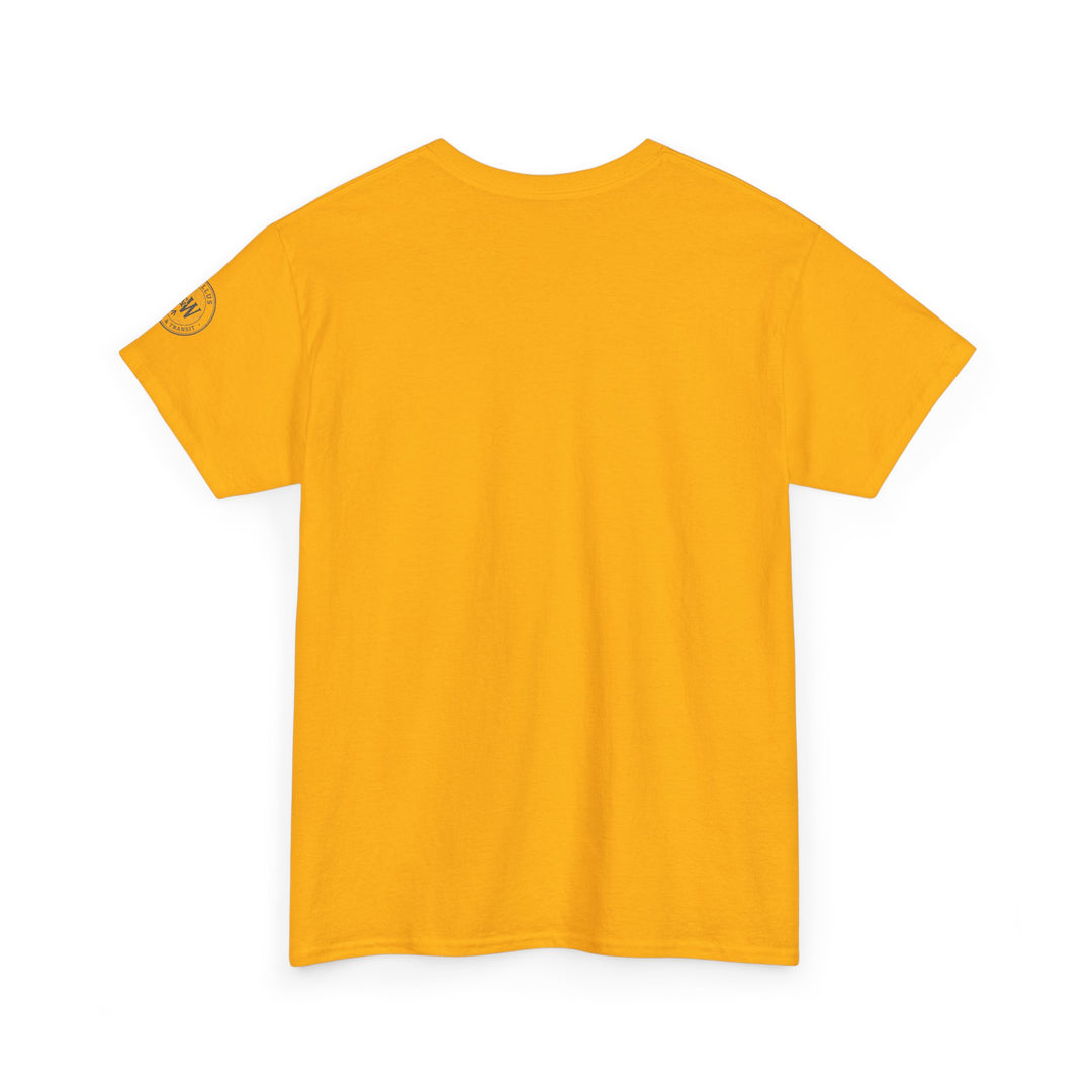 Gold t-shirt by S&amp;W Gallus with a circular logo on the sleeve, presented in a back view.