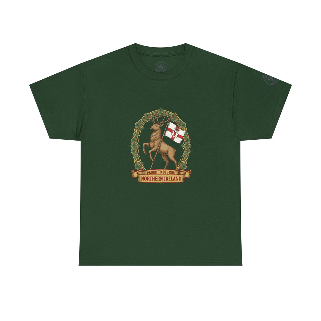 Green t-shirt by S&amp;W Gallus featuring a Northern Ireland stag graphic with shamrocks and a decorative banner.