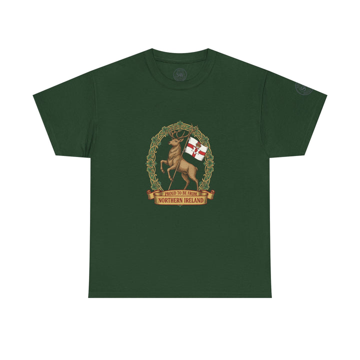 Green t-shirt by S&amp;W Gallus featuring a Northern Ireland stag graphic with shamrocks and a decorative banner.