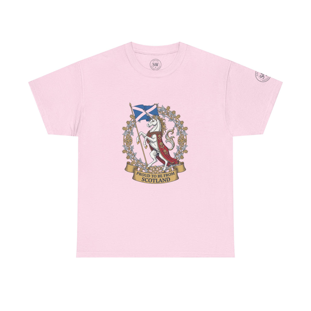 Pink t-shirt by S&amp;W Gallus featuring a unicorn graphic with a Scottish flag and "Proud to Be From Scotland" banner.
