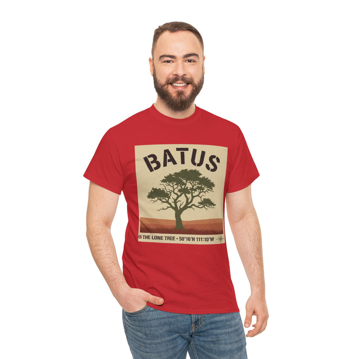 Red Batus Lone Tree T-shirt by S&amp;W Gallus, featuring a vintage safari tree graphic, and worn with jeans.