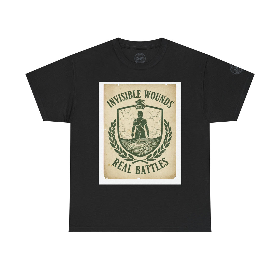 Black t-shirt from S&amp;W Gallus with a centered graphic print featuring symbolic imagery and text.