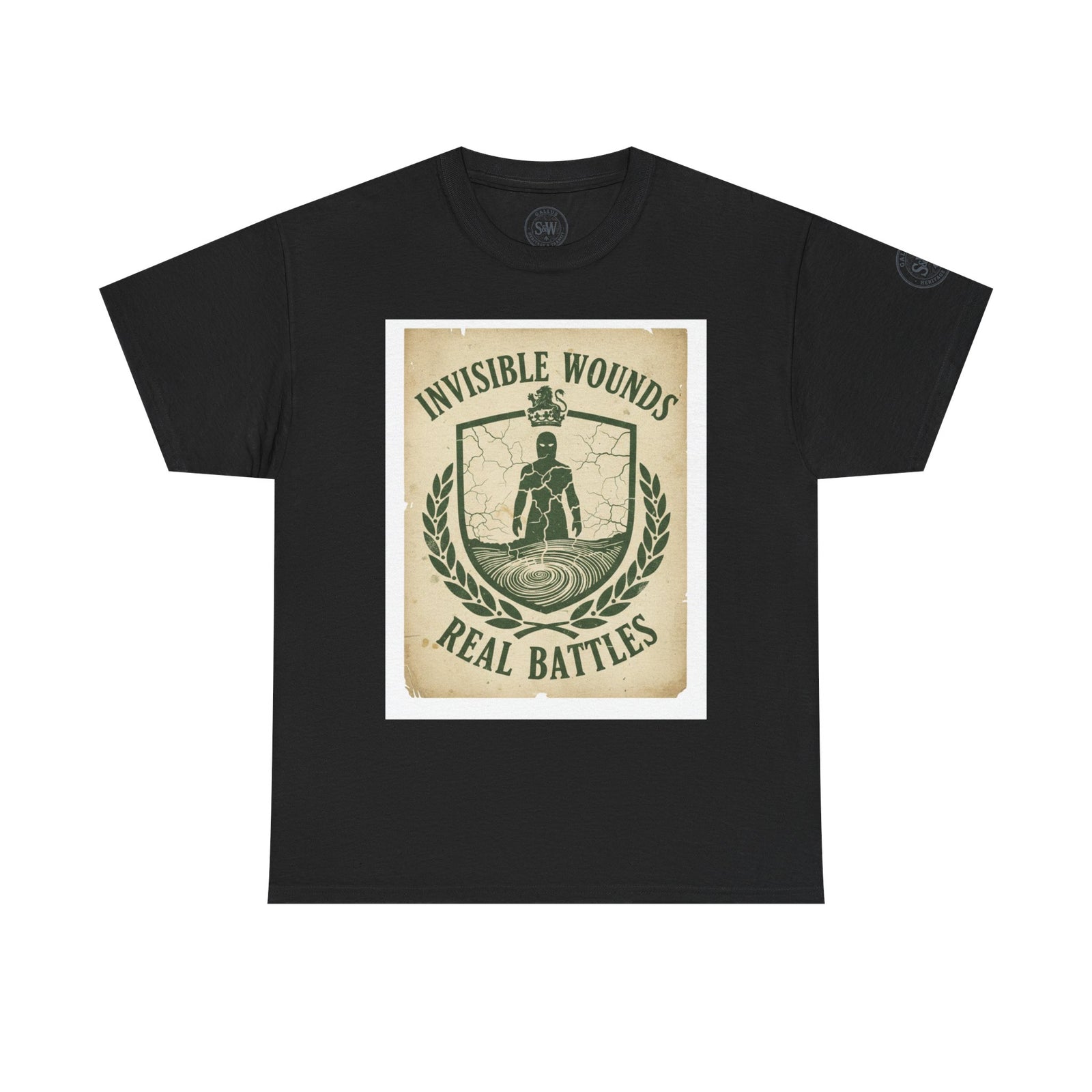 Black t-shirt from S&W Gallus with a centered graphic print featuring symbolic imagery and text.