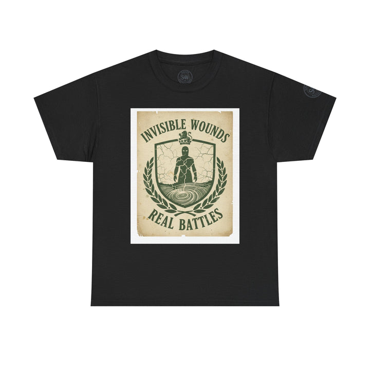 Black t-shirt from S&amp;W Gallus with a centered graphic print featuring symbolic imagery and text.