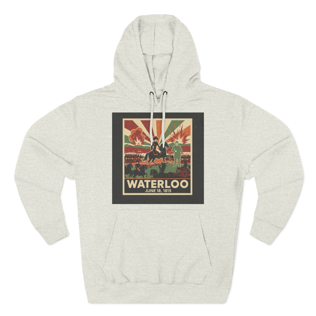 Heather gray hoodie by S&amp;W Gallus featuring a vintage-style poster of the Battle of Waterloo on the chest.