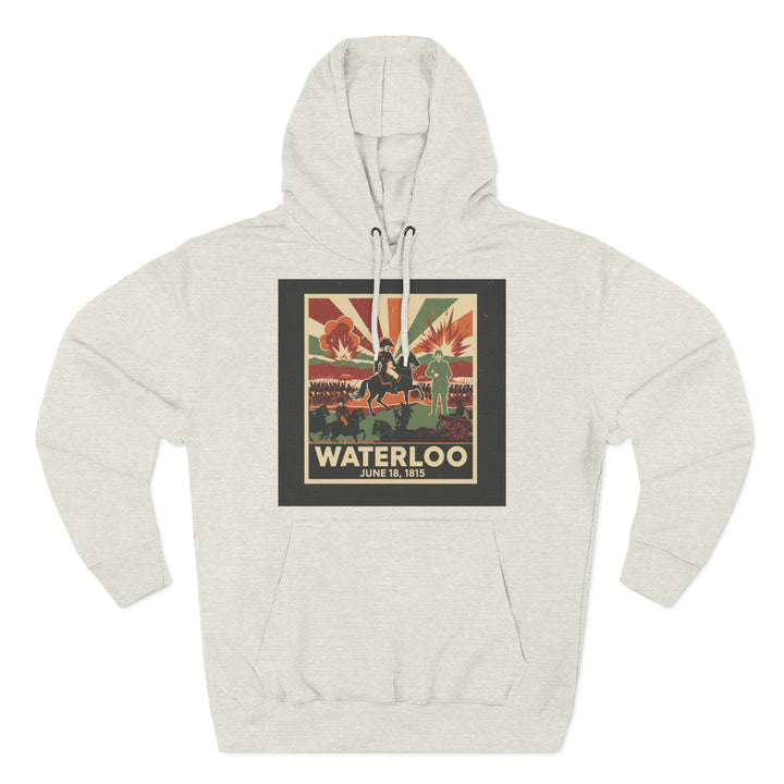 Heather gray hoodie by S&amp;W Gallus featuring a vintage-style poster of the Battle of Waterloo on the chest.