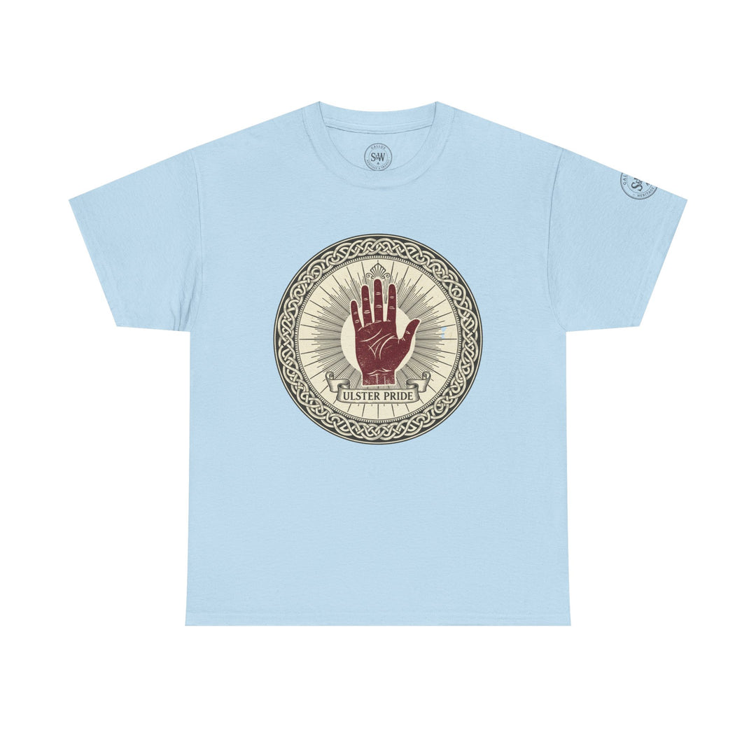Light blue t-shirt by S&amp;W Gallus with an Ulster Pride hand graphic on the front.