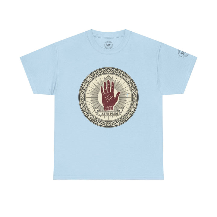 Light blue t-shirt by S&amp;W Gallus with an Ulster Pride hand graphic on the front.