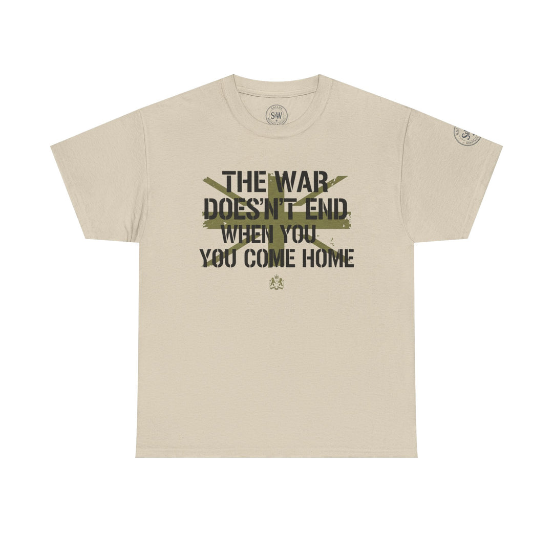 Beige graphic t-shirt by S&amp;W Gallus featuring a dark green war slogan and crest design on a white backdrop.