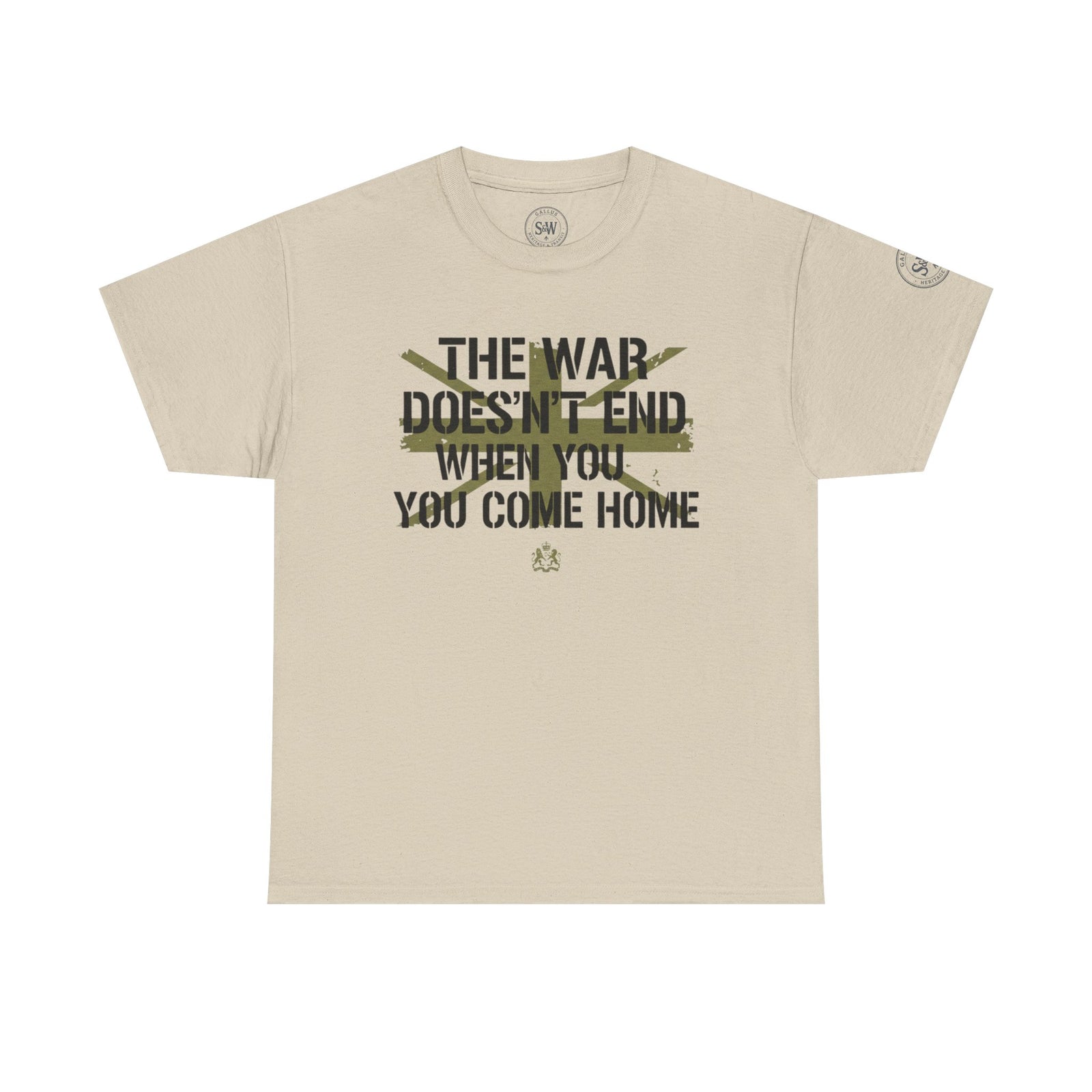 Beige graphic t-shirt by S&W Gallus featuring a dark green war slogan and crest design on a white backdrop.
