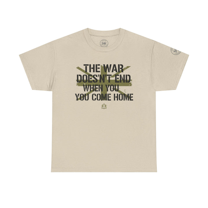 Beige graphic t-shirt by S&amp;W Gallus featuring a dark green war slogan and crest design on a white backdrop.