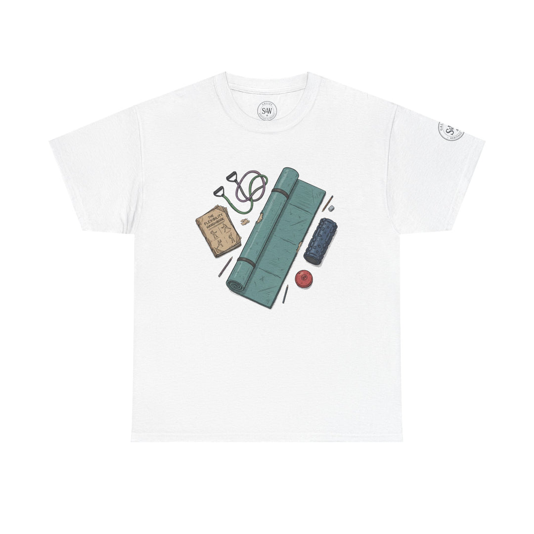 White Flexibility Accessories Tee by S&amp;W Gallus featuring a Flexibility Handbook and Exercise accessories.