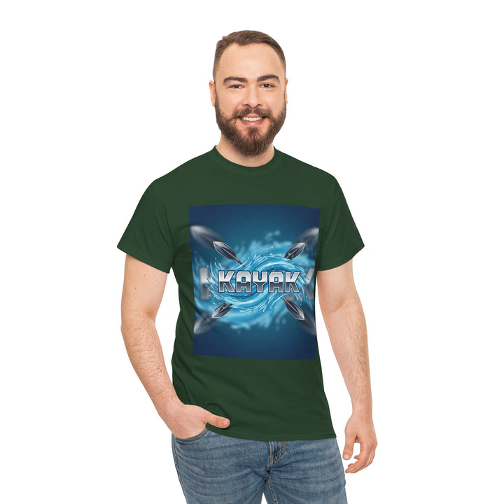 Green kayak graphic tee by S&amp;W Gallus, featuring a water splash and paddle design on the front.