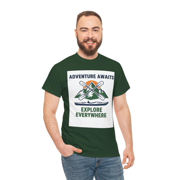 Dark green t-shirt by S&amp;W Gallus featuring a square white graphic with mountains, oars and a kayak. Worn with blue jeans.