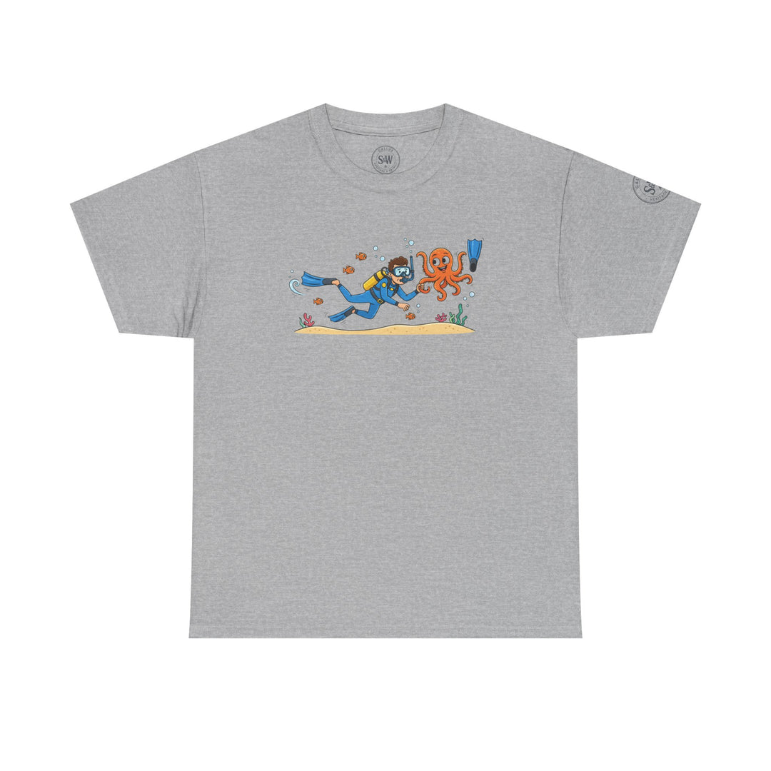 Gray t-shirt by S&amp;W Gallus, featuring a cartoon-style graphic of a scuba diver encountering an orange octopus underwater.
