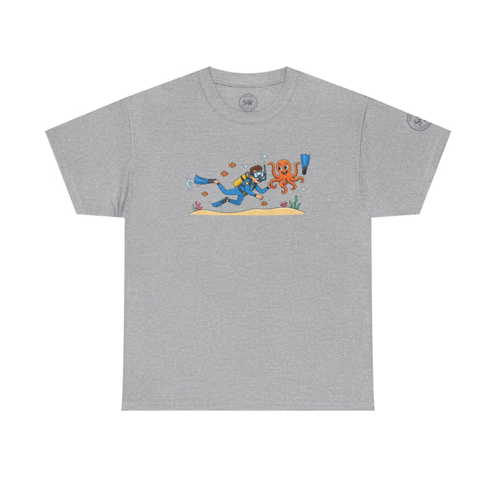 Gray t-shirt by S&amp;W Gallus, featuring a cartoon-style graphic of a scuba diver encountering an orange octopus underwater.