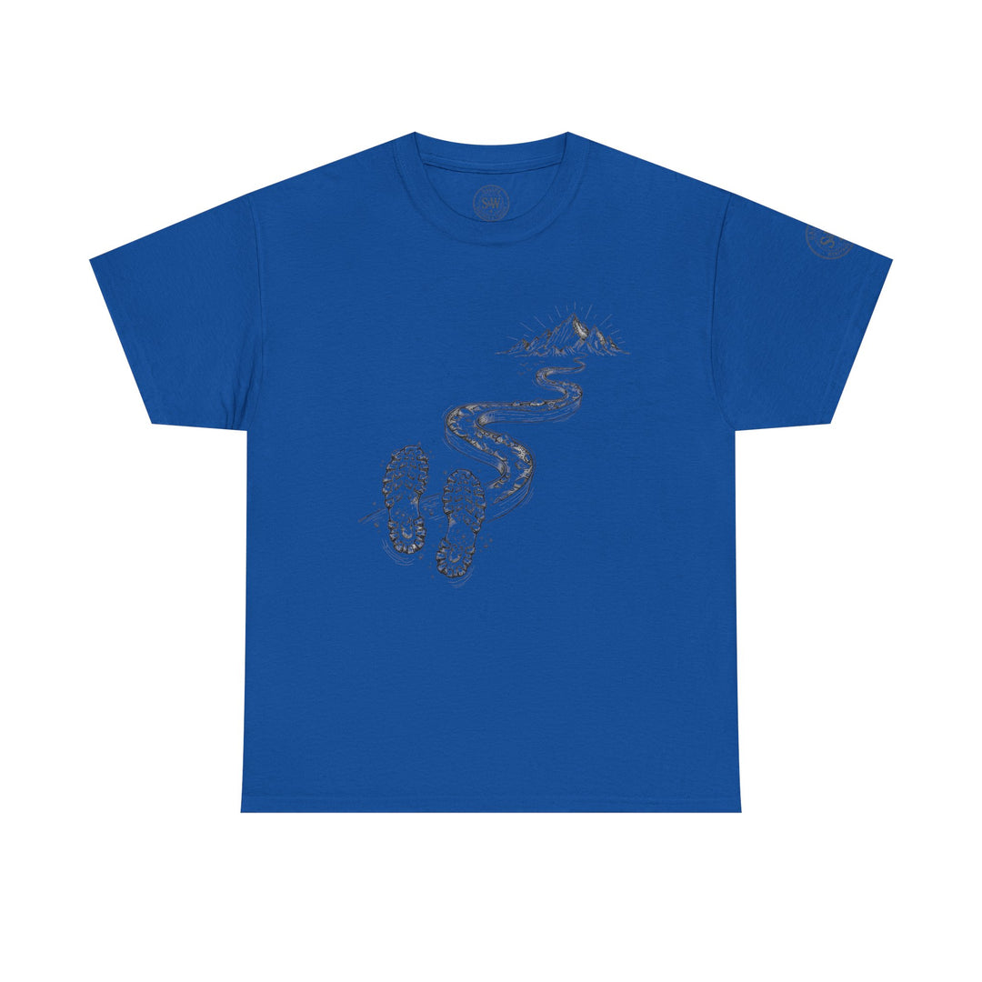 Blue t-shirt by S&amp;W Gallus with a graphic design featuring a trail of footprints leading to a mountain peak.