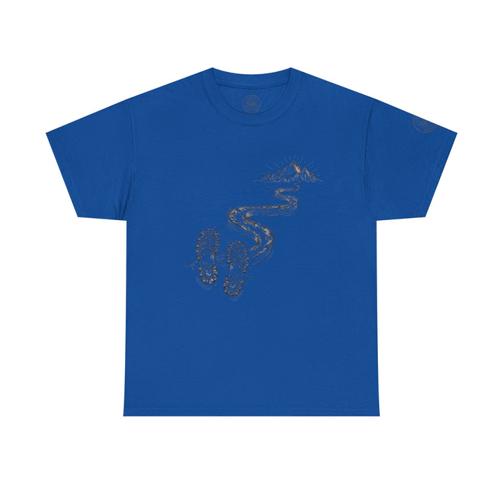 Blue t-shirt by S&amp;W Gallus with a graphic design featuring a trail of footprints leading to a mountain peak.