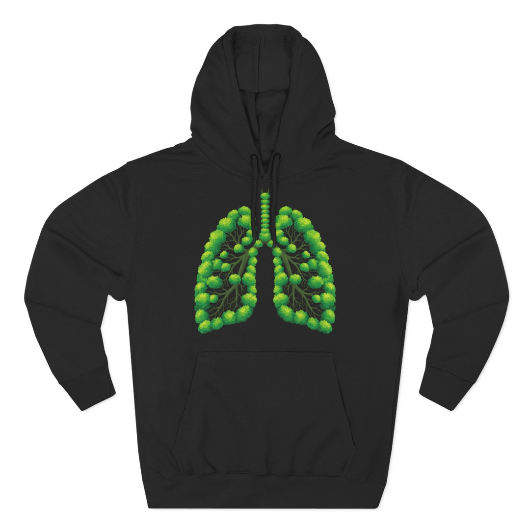 Black hoodie by S&amp;W Gallus featuring a green tree lungs graphic on the chest with a kangaroo pocket.