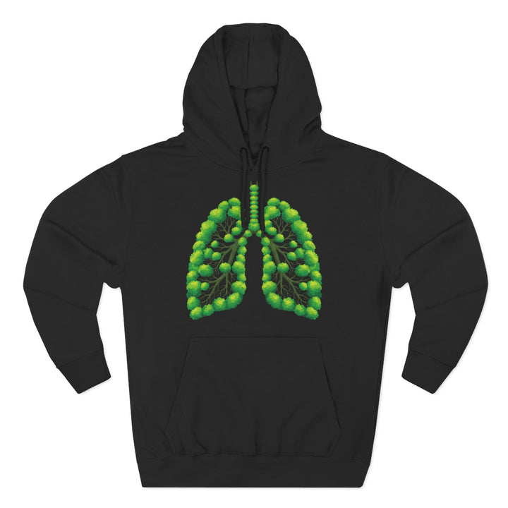 Black hoodie by S&amp;W Gallus featuring a green tree lungs graphic on the chest with a kangaroo pocket.