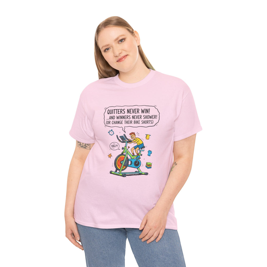 Spin Motivational Tee – soft, breathable cotton featuring an inspiring cycling graphic. Perfect for spin classes, workouts, and active lifestyle wear.