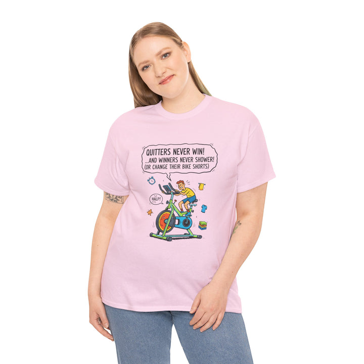 Spin Motivational Tee – soft, breathable cotton featuring an inspiring cycling graphic. Perfect for spin classes, workouts, and active lifestyle wear.