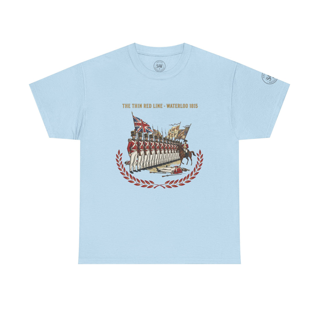 Light blue t-shirt by S&amp;W Gallus featuring "The Thin Red Line - Waterloo 1815" graphic.