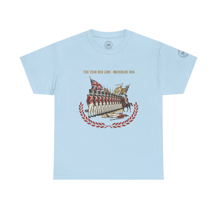 Light blue t-shirt by S&amp;W Gallus featuring "The Thin Red Line - Waterloo 1815" graphic.