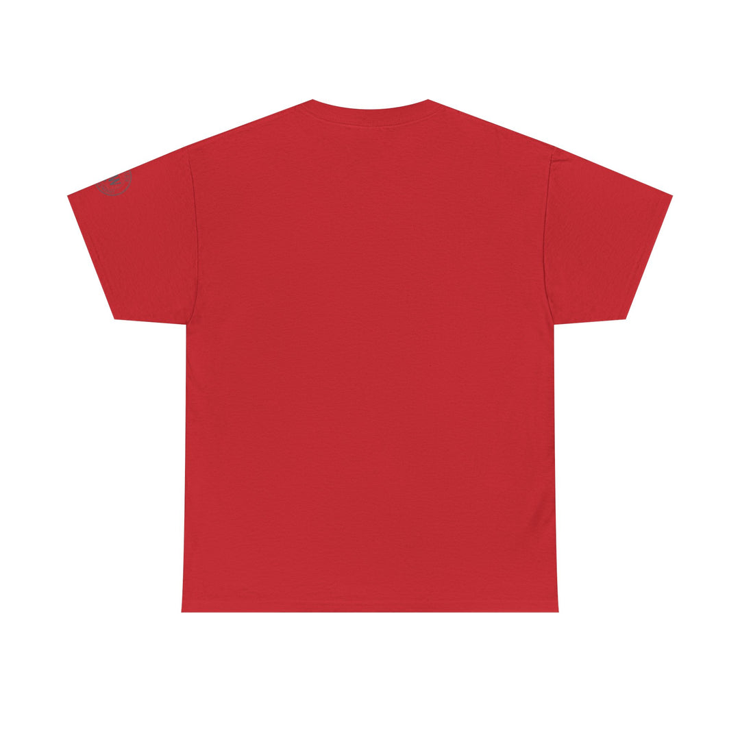 Red t-shirt by S&amp;W Gallus, with a small grey logo on the sleeve, and a textured surface.