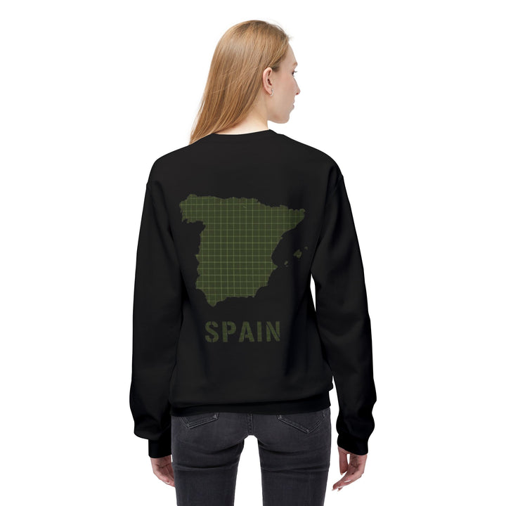 Spain Map Crewneck Sweatshirt — Military Green Grid Spain Graphic