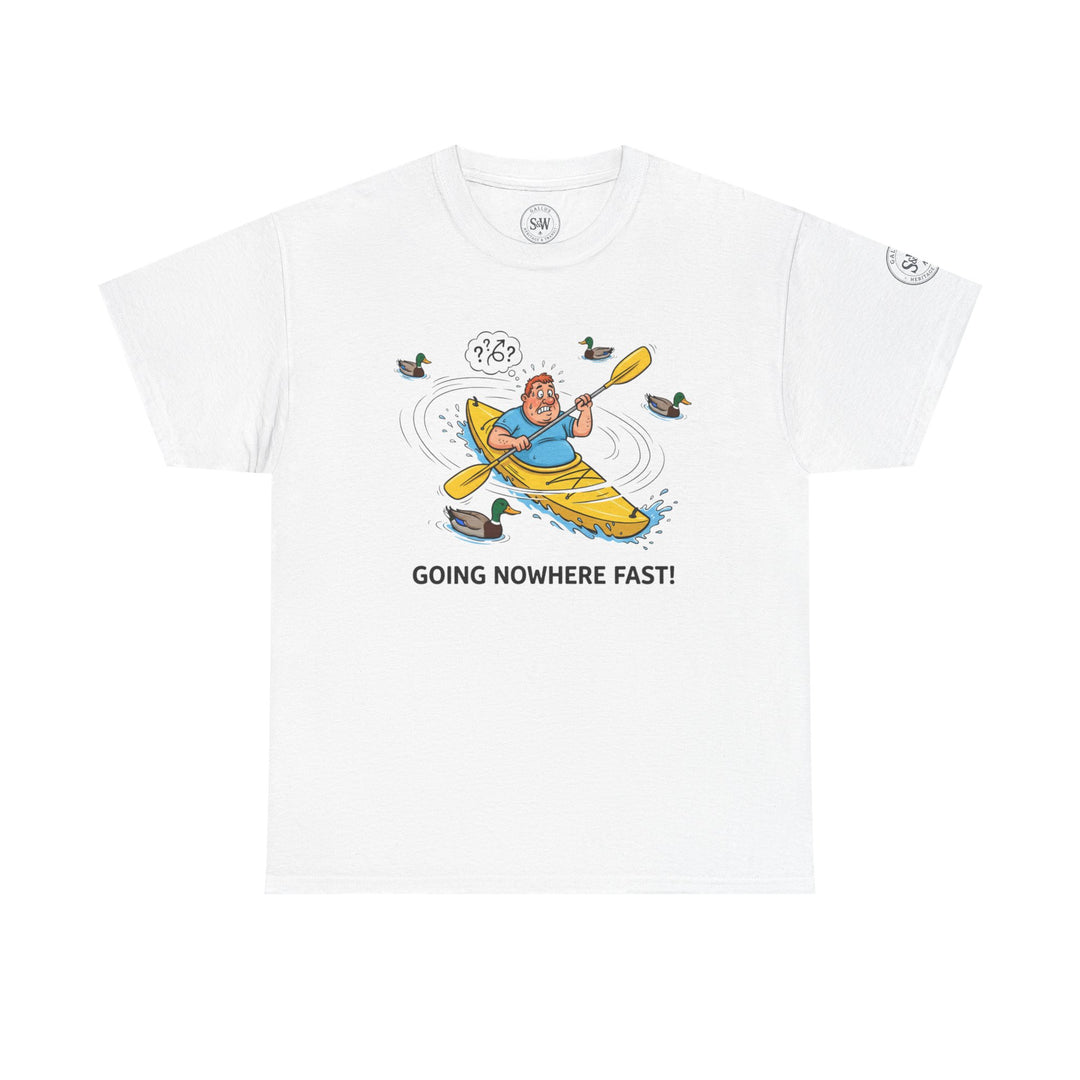 White Kayak Nowhere Fast T-shirt by S&amp;W Gallus, featuring a cartoon graphic of a man in a kayak surrounded by ducks.
