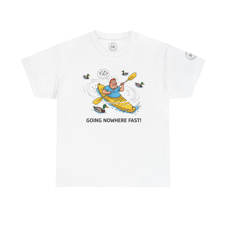 White Kayak Nowhere Fast T-shirt by S&amp;W Gallus, featuring a cartoon graphic of a man in a kayak surrounded by ducks.