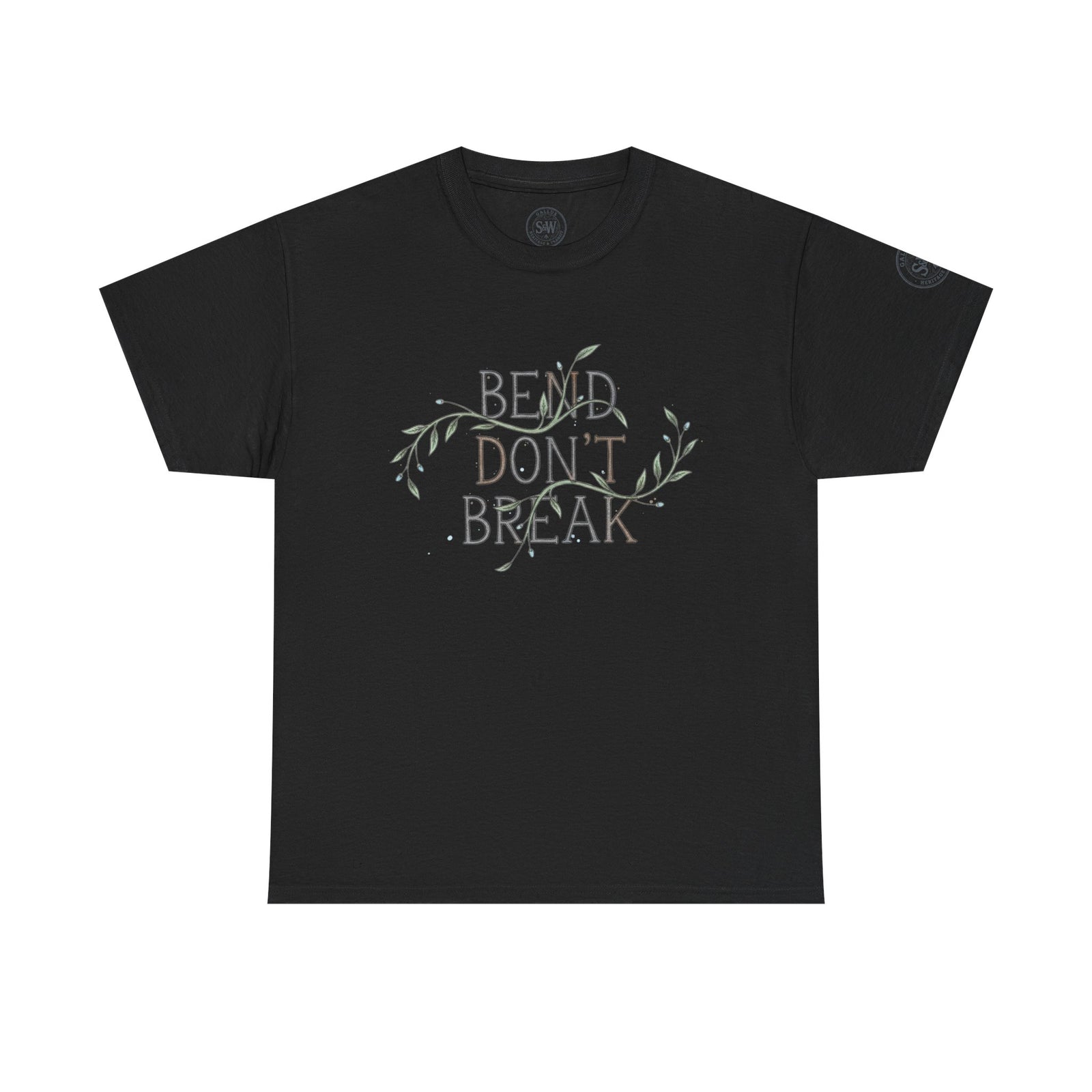 Black T-shirt by S&W Gallus with "Bend Don't Break" text and foliage graphic on the front.