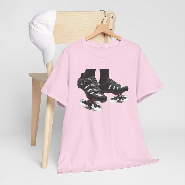 Spin Shoes Tee – soft, breathable cotton featuring a cycling shoes graphic. Perfect for spin classes, indoor workouts, and casual activewear.