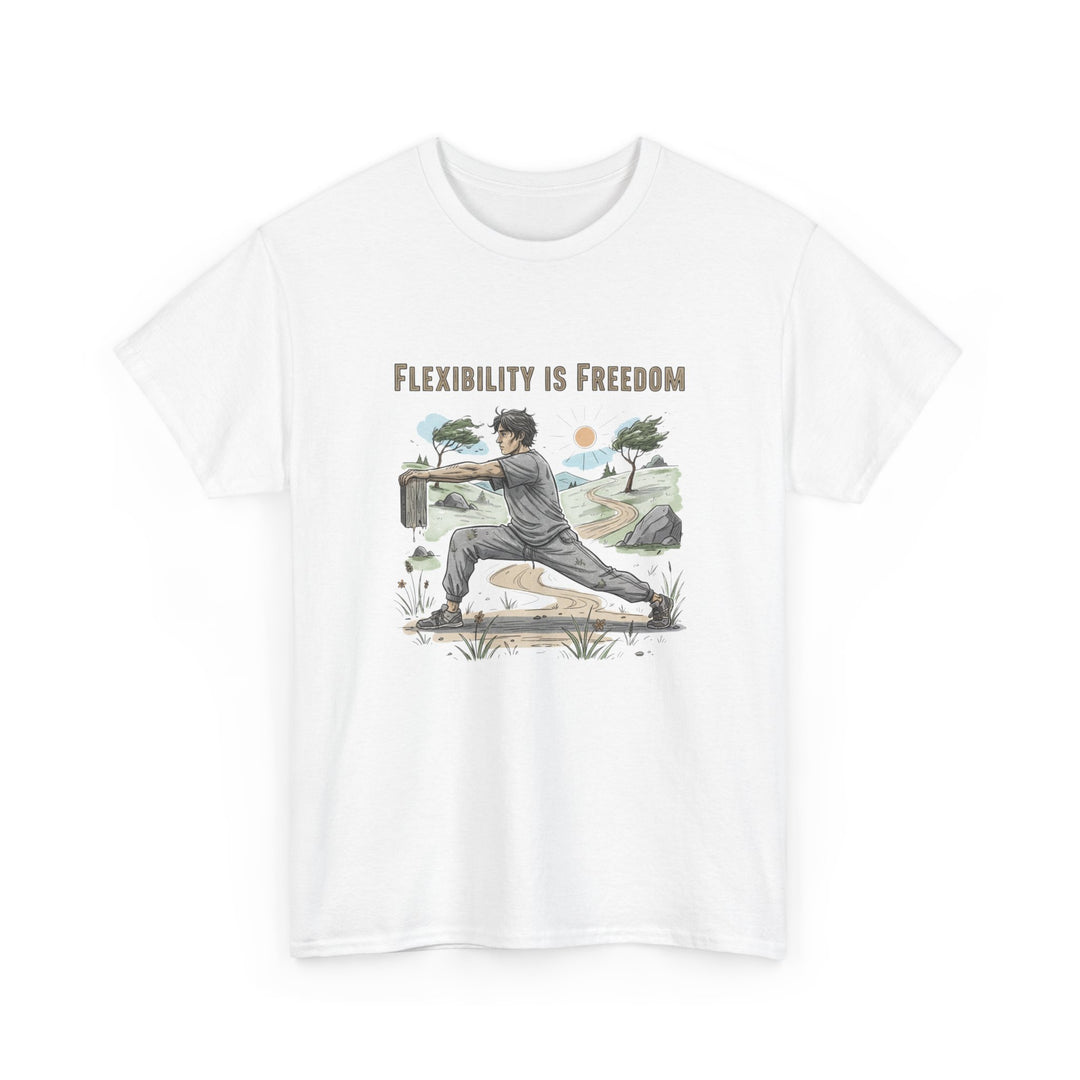 Flexibility Is Freedom Tee – soft, breathable cotton featuring a motivational design. Perfect for yoga, Pilates, stretching, or casual active lifestyle wear.