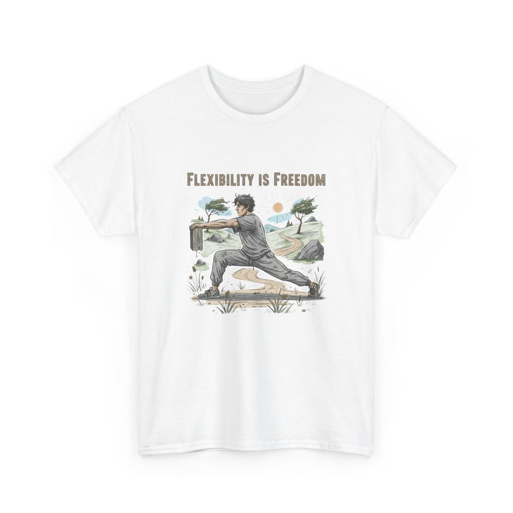 Flexibility Is Freedom Tee – soft, breathable cotton featuring a motivational design. Perfect for yoga, Pilates, stretching, or casual active lifestyle wear.
