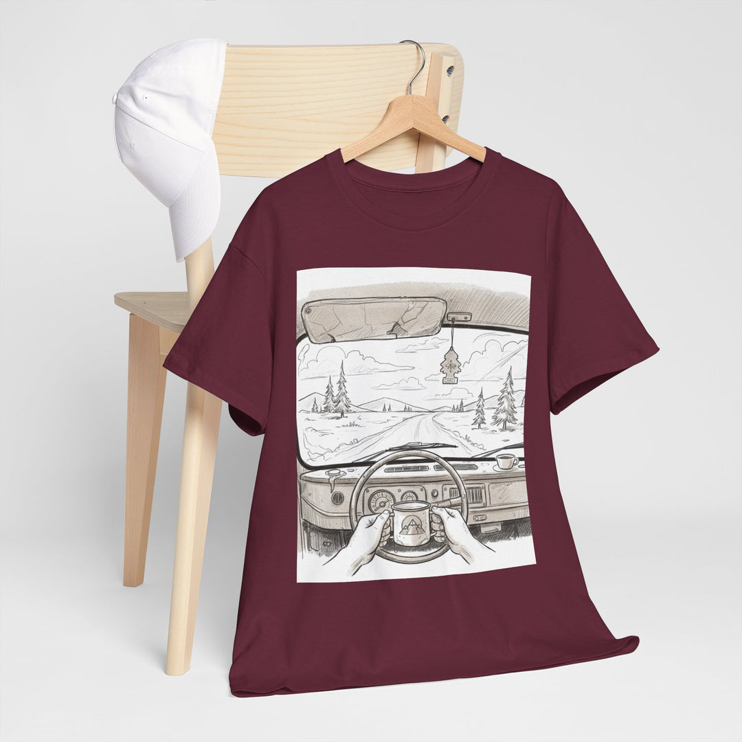Scenic Drive Van Illustration Tee – soft cotton with a detailed van and landscape design. Perfect for road trips, outdoor adventures, and casual wear.