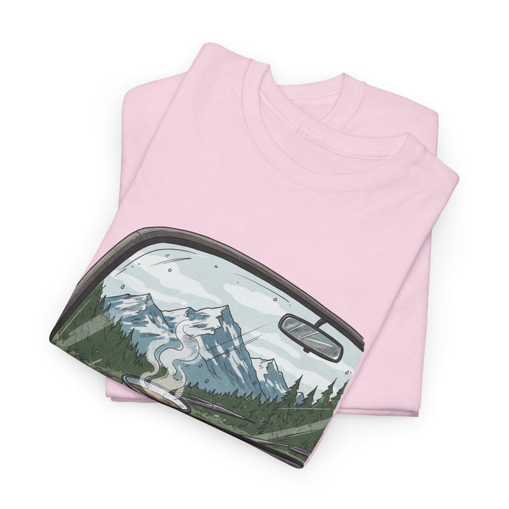 Van Roadtrip View T-Shirt featuring a scenic travel-inspired design. Soft cotton comfort perfect for van life, road trips, and outdoor adventures.