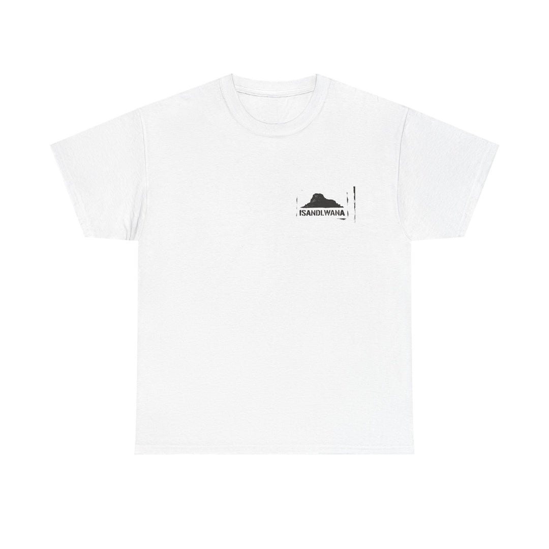 Minimal Rorke’s Drift landscape tee with “Isandlwana Over My Heart” design. Subtle Anglo-Zulu War tribute for true history enthusiasts.