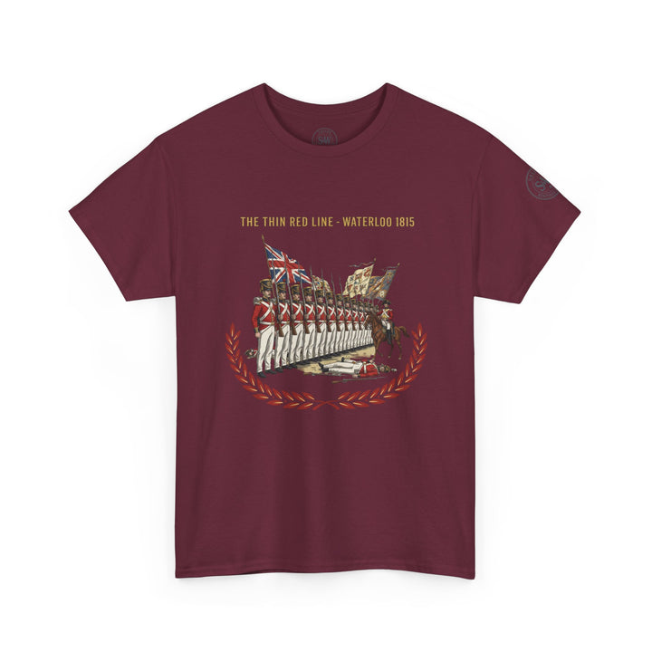 Maroon t-shirt by S&amp;W Gallus featuring a Waterloo 1815 graphic print with laurel wreath on the front.
