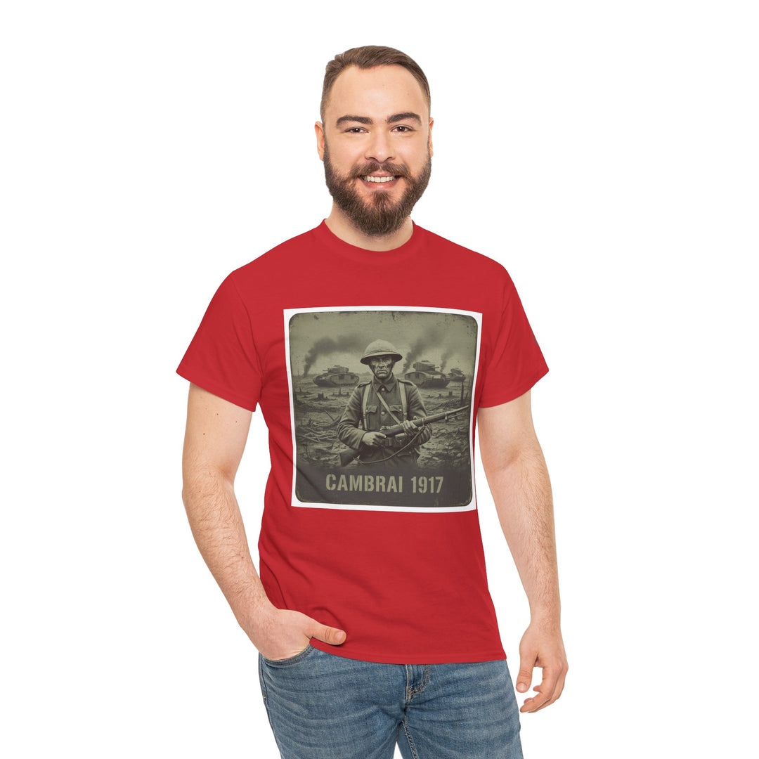 Red t-shirt with a vintage soldier graphic by S&amp;W Gallus, featuring a man in jeans with his hand in his pocket.
