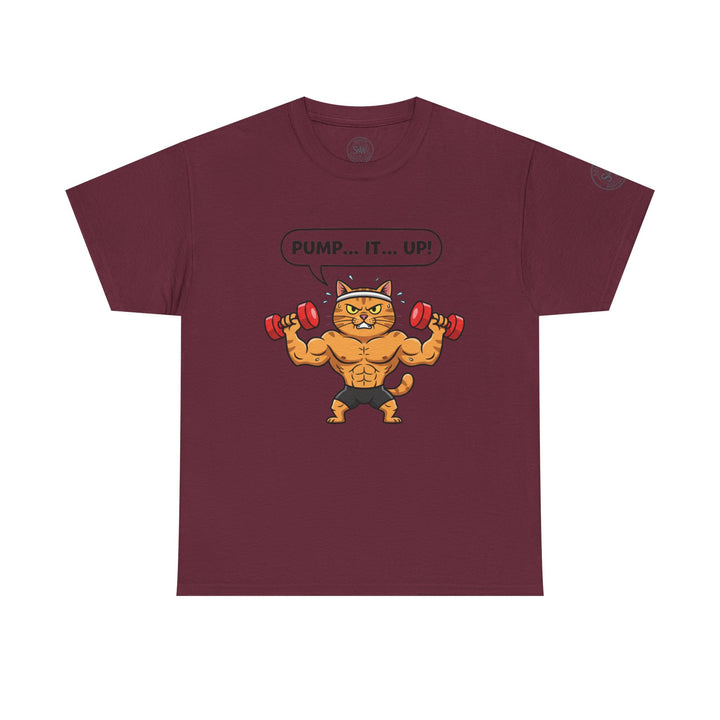 Maroon t-shirt by S&amp;W Gallus with a graphic cartoon design of muscular cat lifting weights.