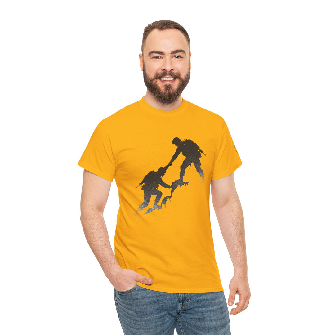Yellow t-shirt by S&amp;W Gallus featuring a silhouette design of two people helping each other climb.