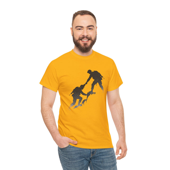 Yellow t-shirt by S&amp;W Gallus featuring a silhouette design of two people helping each other climb.